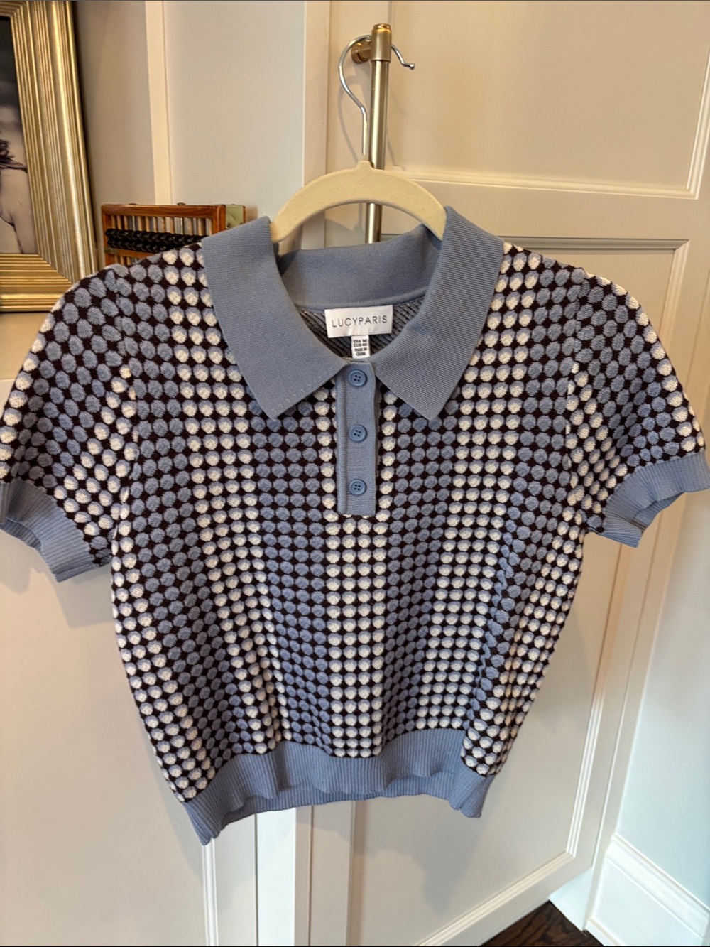 Lucy Paris Blue & White Polka Dot Knit Polo